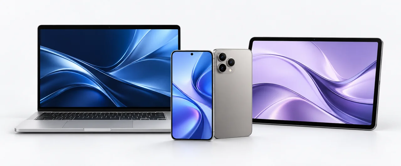Studio illustration of a laptop, tablet and two premium smartphones